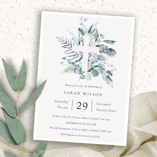 Blue Eucalyptus Fern Foliage Cross Baptism Invite (Creator Uploaded)