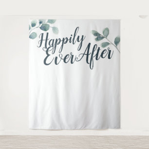 Blue Eucalyptus Happily Ever Wedding Backdrop Tapestry