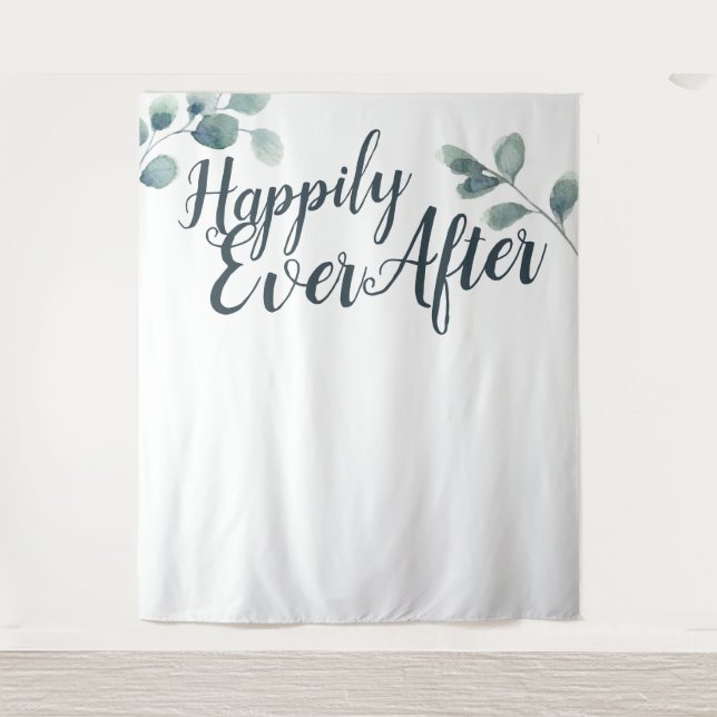Blue Eucalyptus Happily Ever Wedding Backdrop Tapestry (Front)