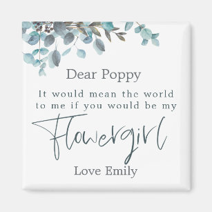 Blue Eucalyptus Leaf Script Flower Girl Request Magnet