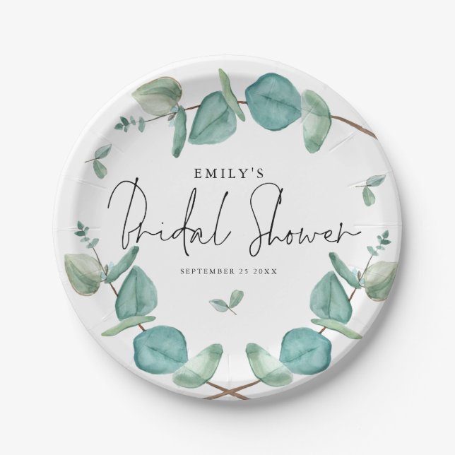 Blue Eucalyptus Script Name Date Bridal Shower Paper Plate (Front)
