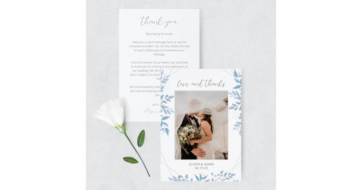 Blue Eucalyptus Wedding Photo Thank You Card | Zazzle