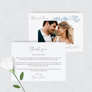 Blue Eucalyptus Wedding Photo Thank You Card