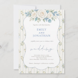 Blue Eucalyptus White Floral Stripe wedding Invitation