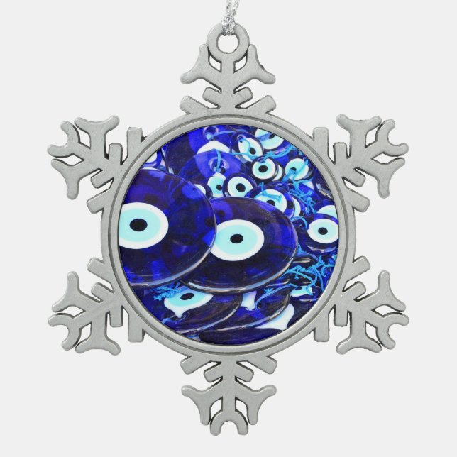 Blue Evil Eye amulets Snowflake Pewter Christmas Ornament (Front)