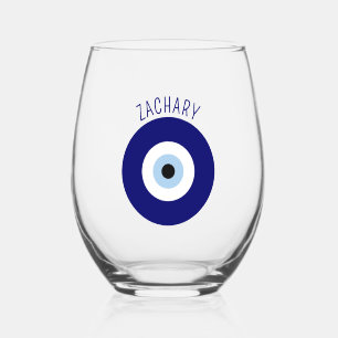 Blue Evil Eye Good luck & Protection Symbol Stemless Wine Glass