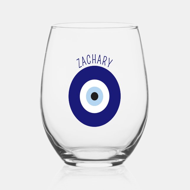 Blue Evil Eye Good luck & Protection Symbol Stemless Wine Glass (Front)