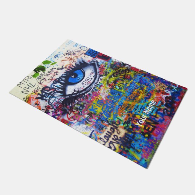 Blue evil eye modern graffiti doormat (Angled)