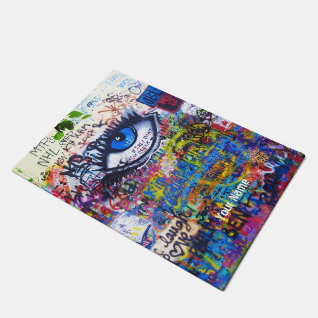 Blue evil eye modern graffiti doormat (Angled)