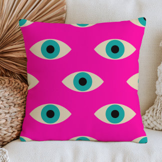Blue Evil Eyes on Hot Pink Maximalist Funky Cushion