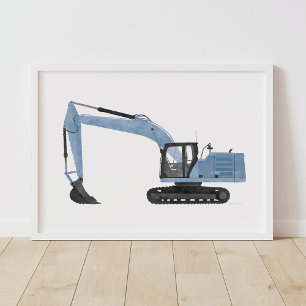 Blue Excavator Contruction Kids Room Decor