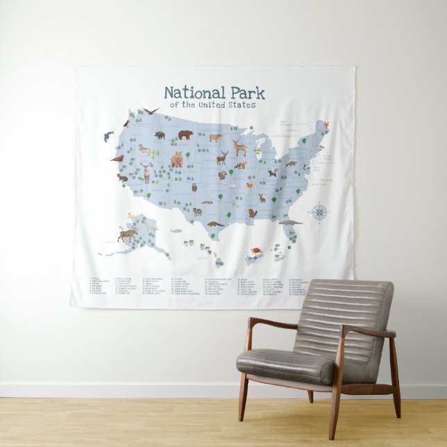 Blue Exploring National Park Map Woodland Nursery  Tapestry (In Situ (Horizontal))