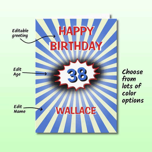 Blue explosion custom name age retro birthday card (Creator Uploaded)