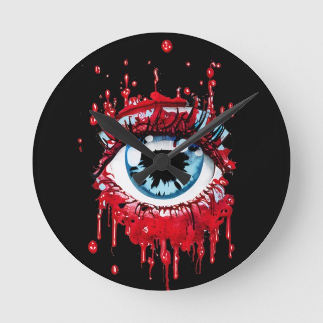 Blue Eye Dripping Blood horror art Round Clock (Front)