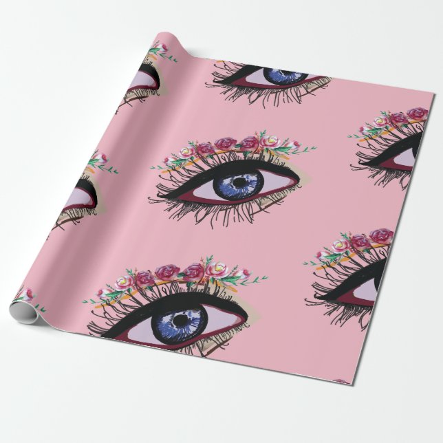 Blue Eye & Flowers Wrapping Paper (Unrolled)