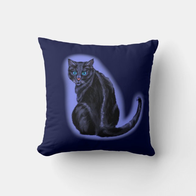 Blue Eyed Black Cat Throw Pillow (Front)