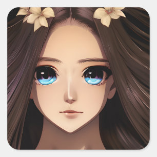 Blue Eyed Brunette Anime Girl Square Sticker