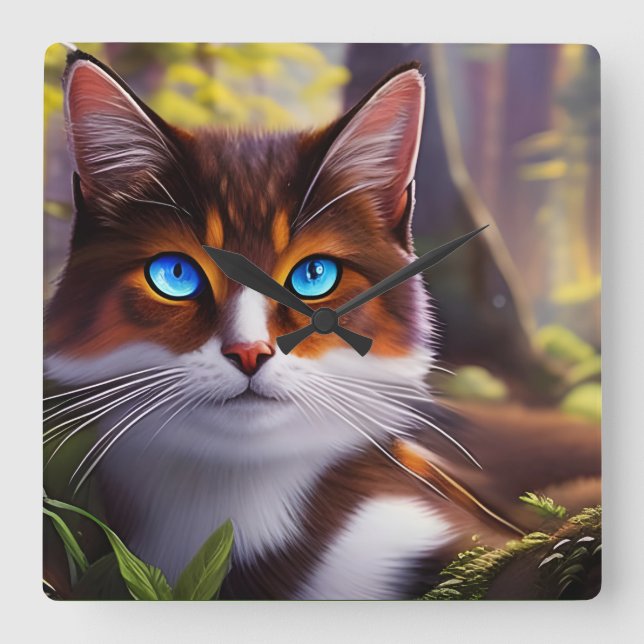 Blue Eyed Cat in the Woods  Square Wall Clock (Front)