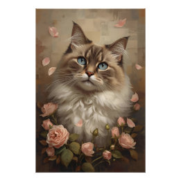 Blue-Eyed Cat with Roses – Elegant Floral Poster