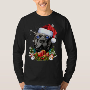 Blue Eyed Dog Black Pitbull Christmas Santa Hat T-Shirt