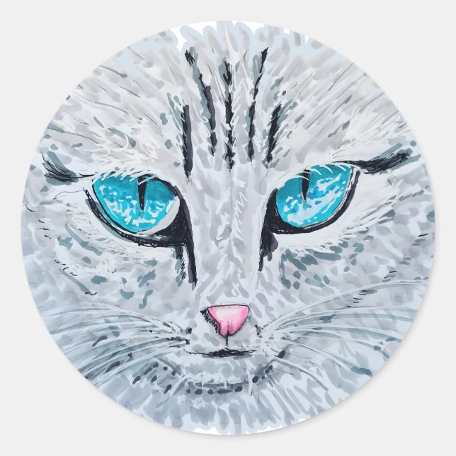 Blue Eyed Fluffy Cat Classic Round Sticker (Front)