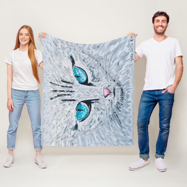 Blue Eyed Fluffy Cat Fleece Blanket (In Situ)