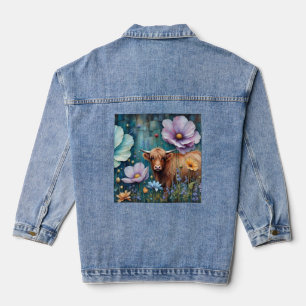 Blue Eyed Highland Cow Floral Colourful Cosmos Denim Jacket