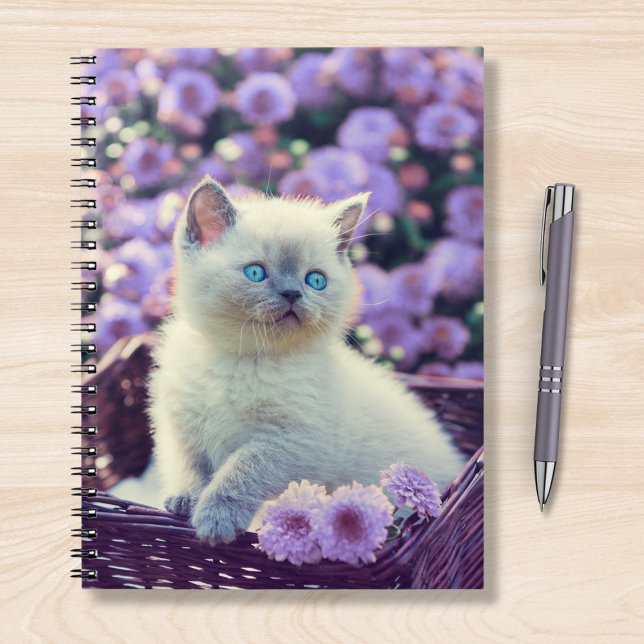 Blue Eyed Kitten Baby Cat In Basket Lilac Flowers Notebook (Creator Uploaded)