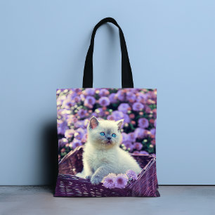 Blue Eyed Kitten Cat In Basket With Lilac Flowers Tote Bag