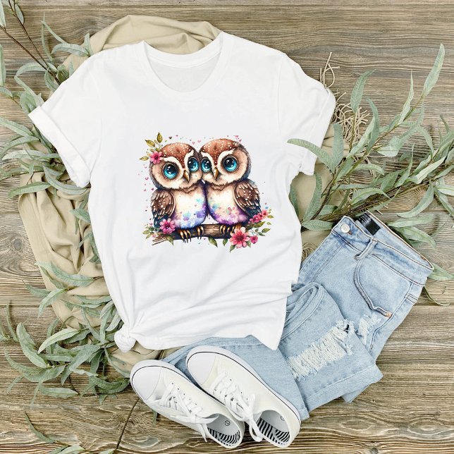 Blue Eyed Owls on Floral Branch Graphic T-Shirt (Creator Uploaded)