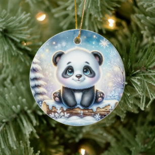 Blue-Eyed Panda in Frosted Pines Ceramic Ornament