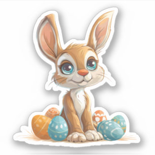 Blue-Eyed Pastel Bunny with Easter Eggs