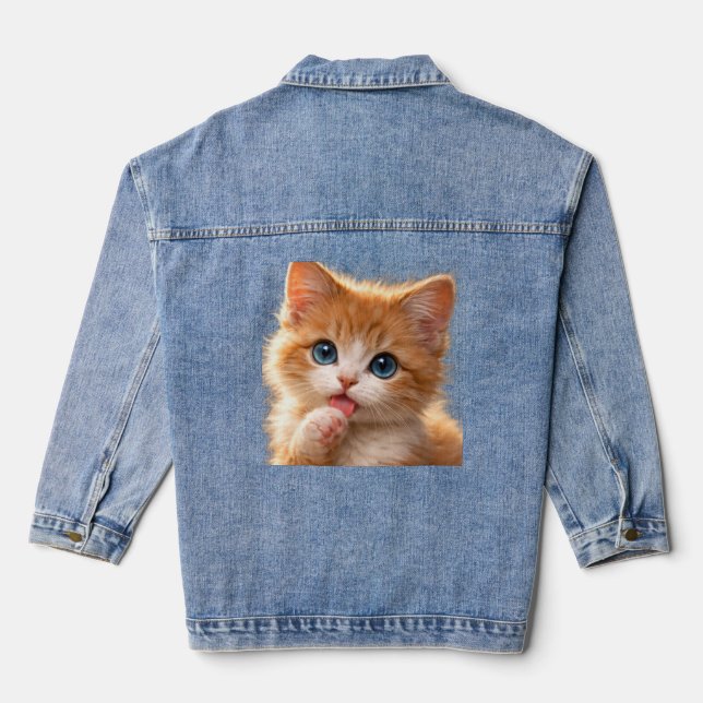 Blue-Eyed Paw licking Kitten Denim Jacket (Back)