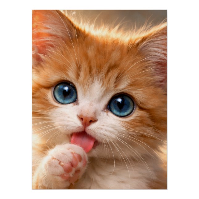 Blue-Eyed Paw licking Kitten Poster (Front)