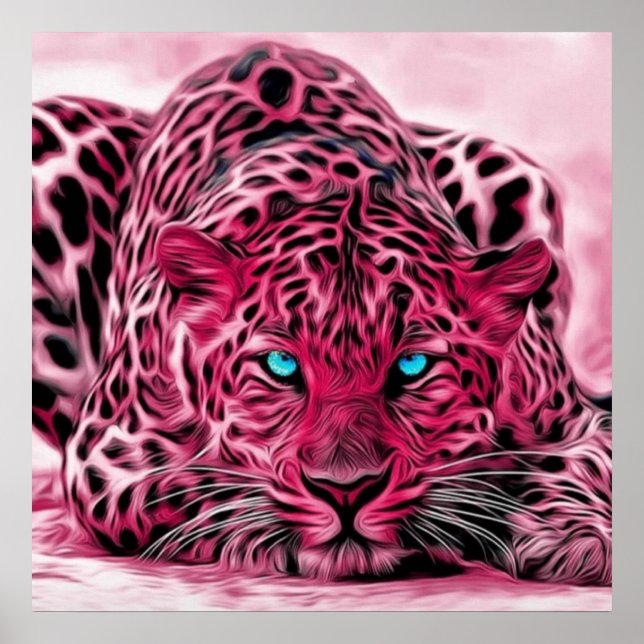 Blue Eyed Pink Tiger Wildcat Illustration Poster (Front)