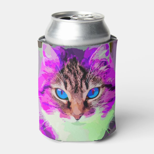 Blue Eyed Purple Cat Face Can Cooler (Can Front)