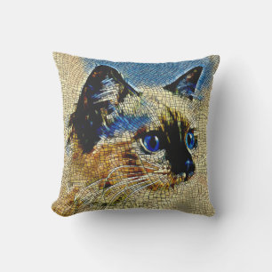 Blue Eyed Siamese Cat Mosaic Tiles Cushion