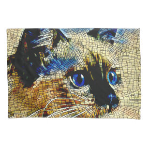 Blue Eyed Siamese Cat Mosaic Tiles Pillowcase