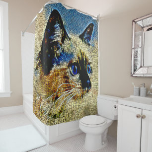 Blue Eyed Siamese Cat Mosaic Tiles Shower Curtain