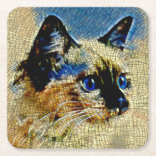 Blue Eyed Siamese Cat Mosaic Tiles Square Paper Coaster