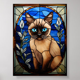 Blue-Eyed Siamese Cat Stained Glass Portrait Poster