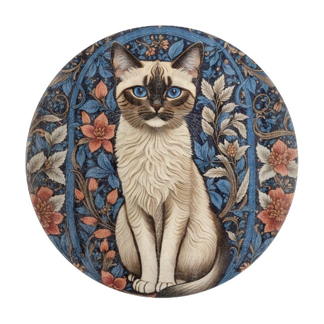 Blue Eyed Siamese Cat William Morris Inspired Cutting Board (Front)