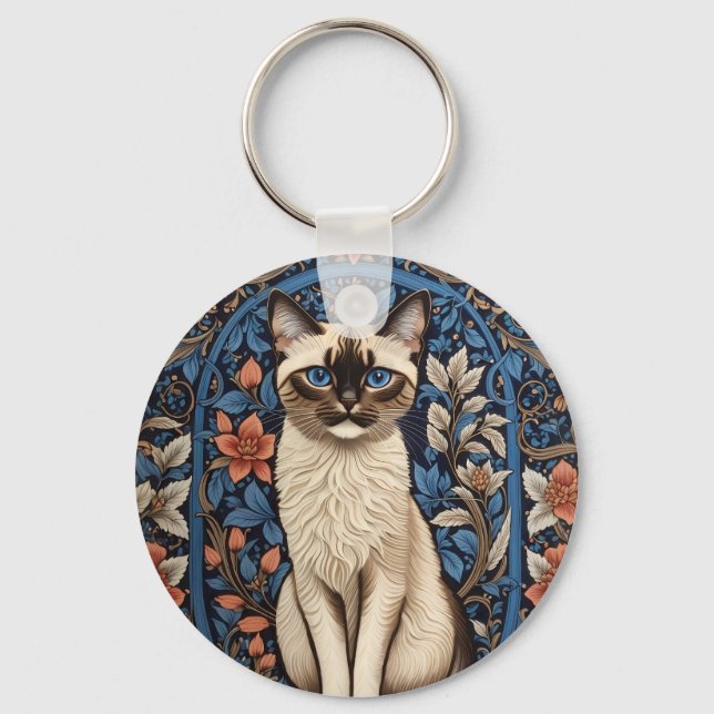 Blue Eyed Siamese Cat William Morris Inspired Key Ring (Front)