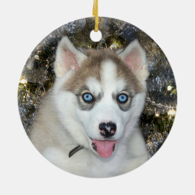 Blue eyed Siberian Husky Christmas Ceramic Tree Decoration (Back)