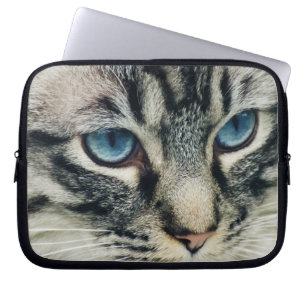 Blue-eyed Tabby Cat Face Close-up Laptop Sleeve
