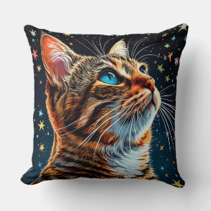 Blue-Eyed Tabby Cat Gazes at Starry Night Sky Cushion