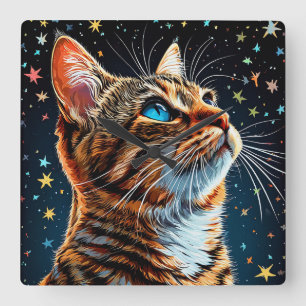 Blue-Eyed Tabby Cat Gazes at Starry Night Sky Square Wall Clock