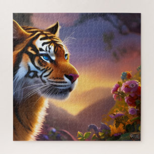 Blue Eyed Tiger and Pink Flowers Jigsaw Puzzle