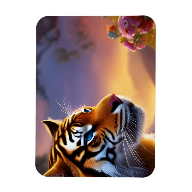 Blue Eyed Tiger and Pink Flowers  Magnet (Vertical)
