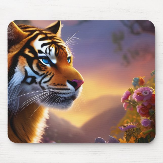 Blue Eyed Tiger and Pink Flowers  Mouse Pad (Front)